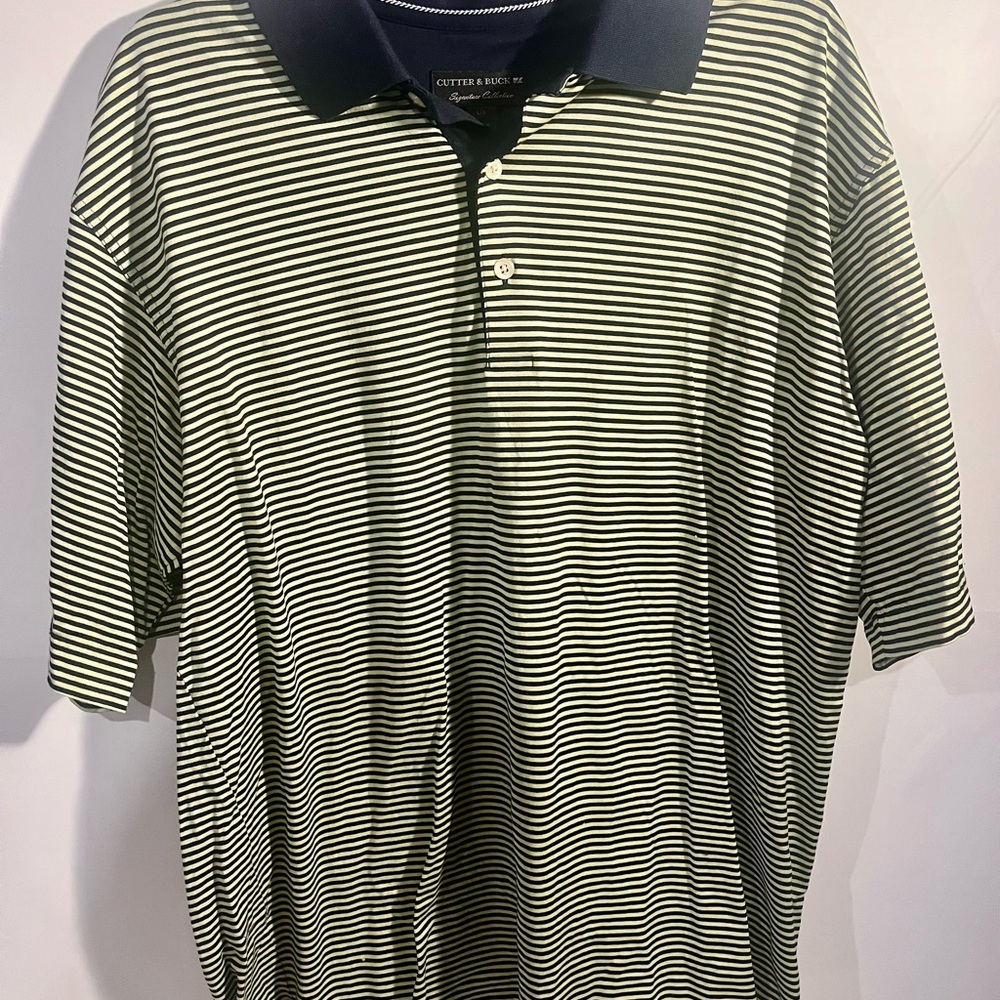 Cutter & Buck Men's Navy and Yellow Striped Signature Golf Polo